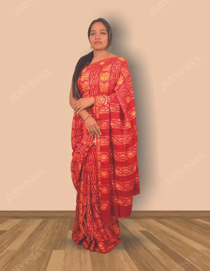 Buy Red & Yellow Floral Hand Block Printed Cotton Saree Online