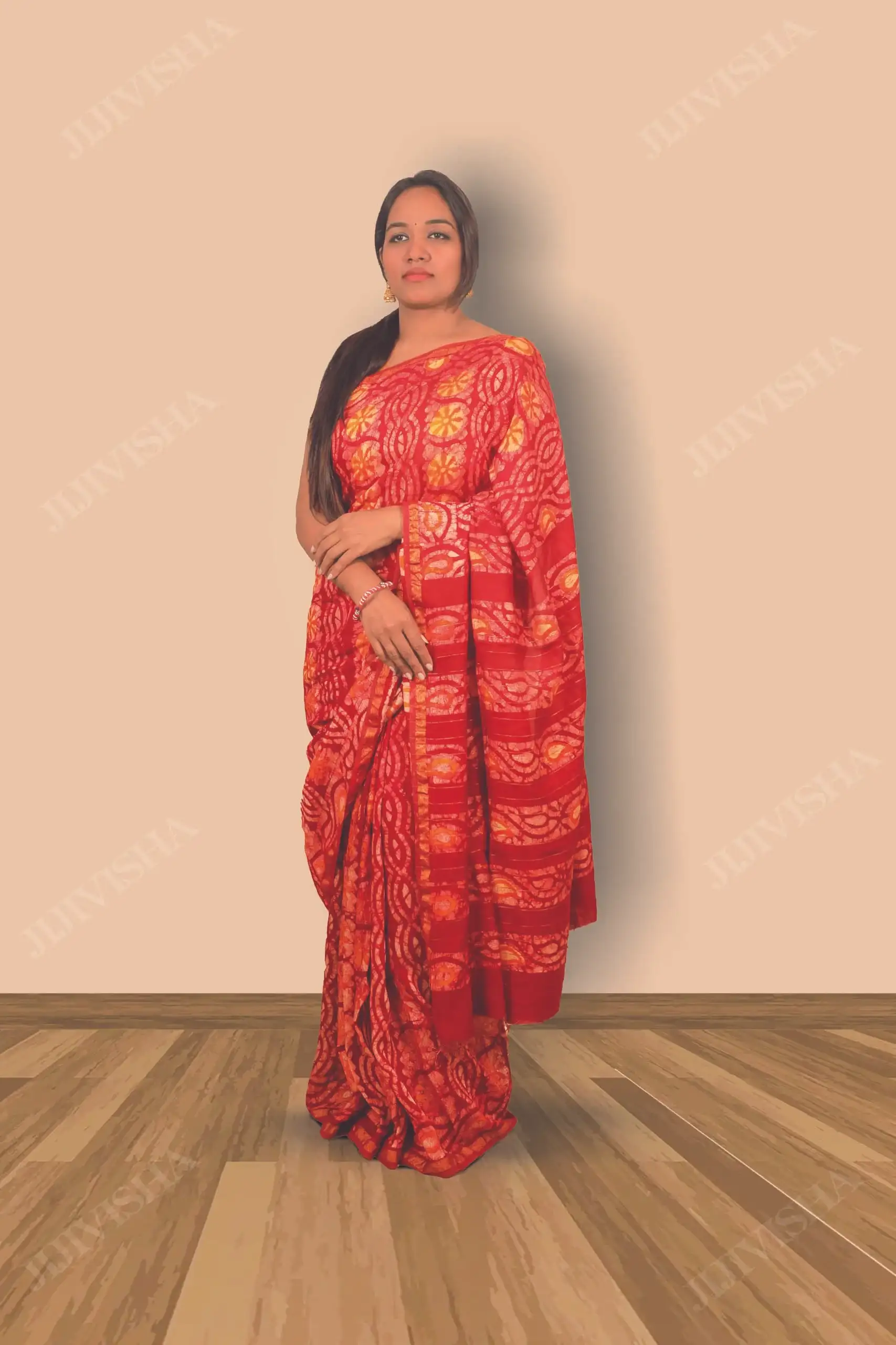Buy Red & Yellow Floral Hand Block Printed Cotton Saree Online