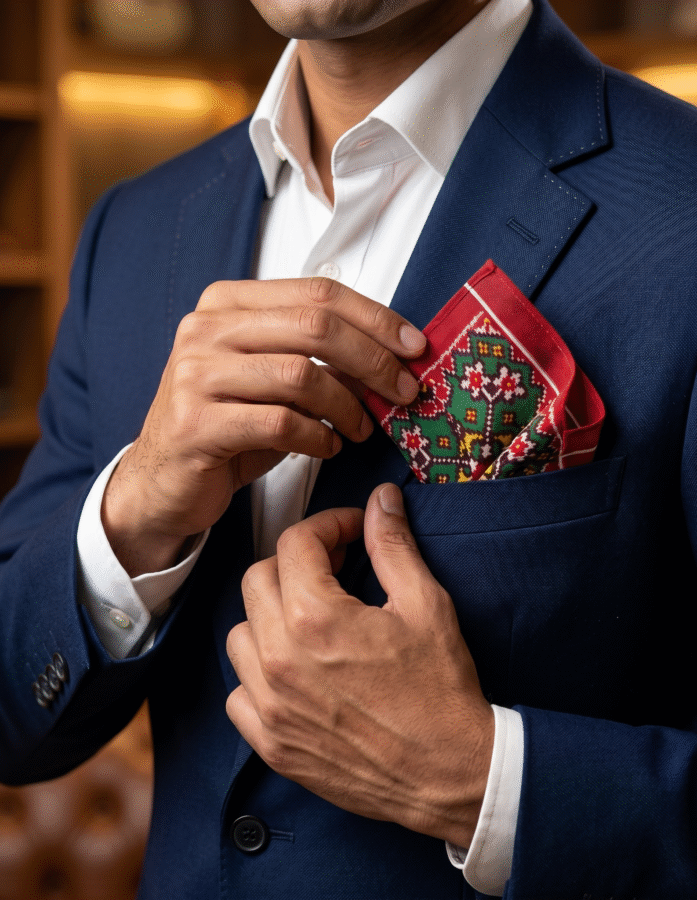 Patola Silk Pocket Square Red-Seagreen