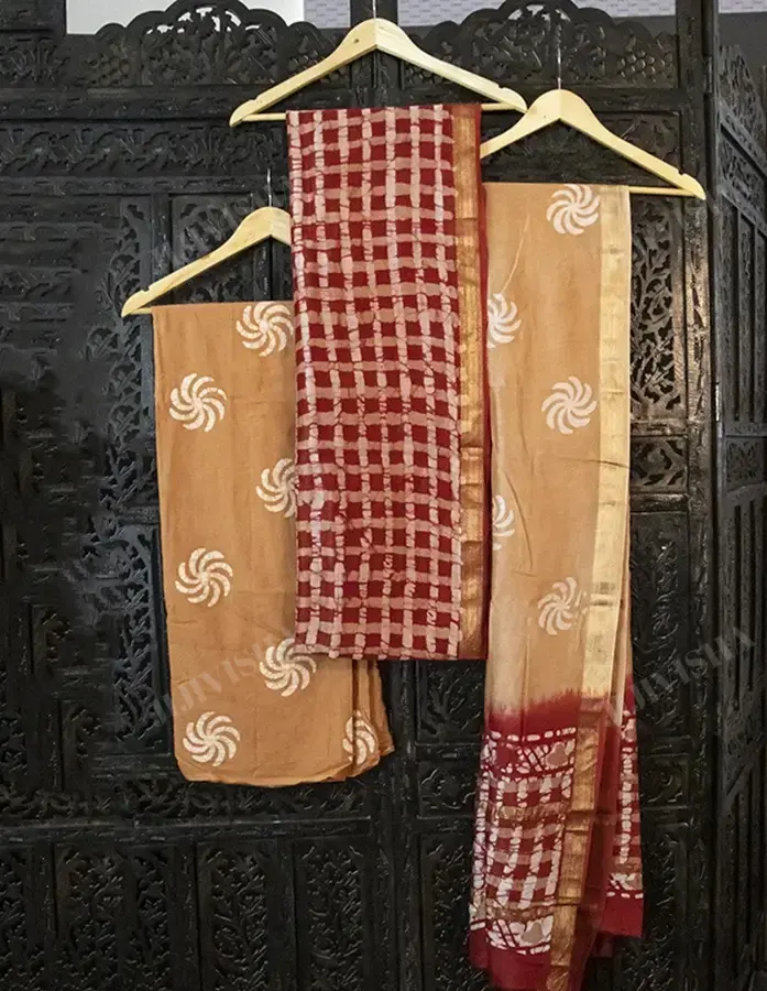 Buy Hand Block Printed Silk Dress Material in Red & Beige (Set of 3) Online