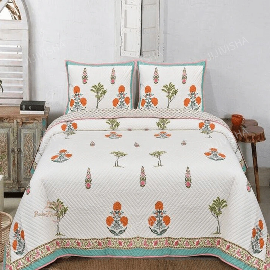 Buy Ivory Floral Hand Block Printed Quilted Dohar Set Online