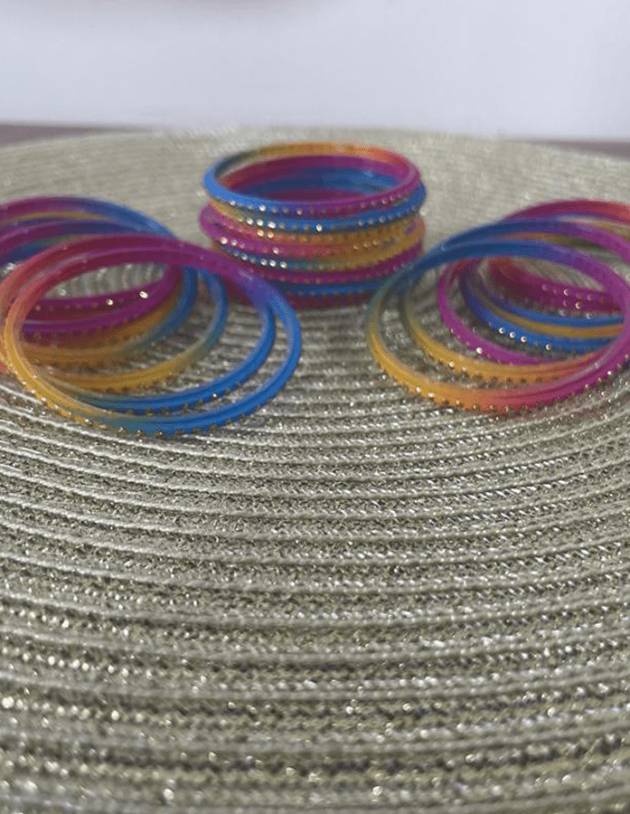 Handcrafted Yellow, Blue and Pink Multicolored Glass Bangles
