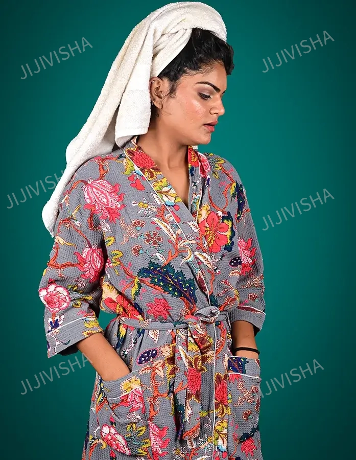 Buy Ethereal Blooms Hand Block Printed Waffle Cotton Bathrobe
