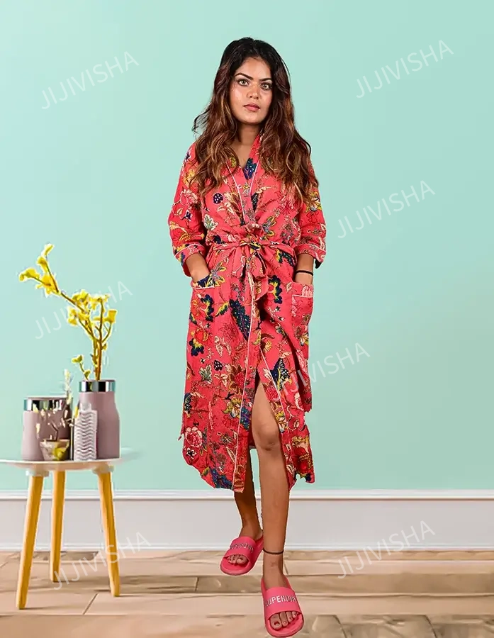 Buy Hand Block Printed Waffle Cotton Bathrobe Online