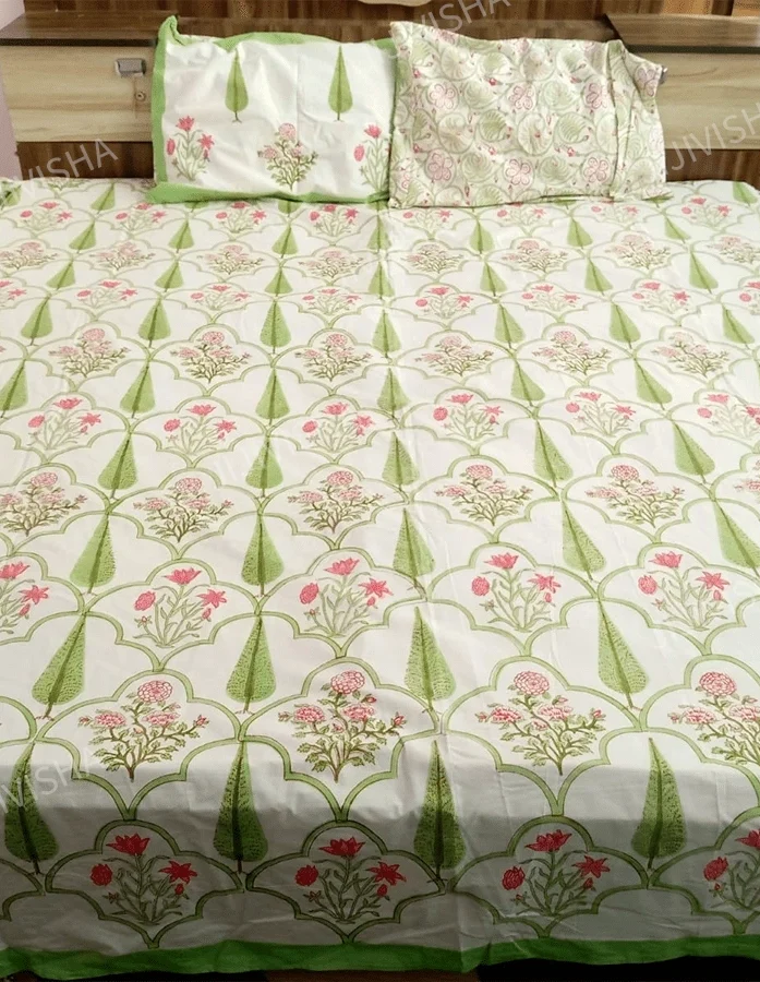 Buy White & Green Floral Hand Block Printed Bedsheet Set