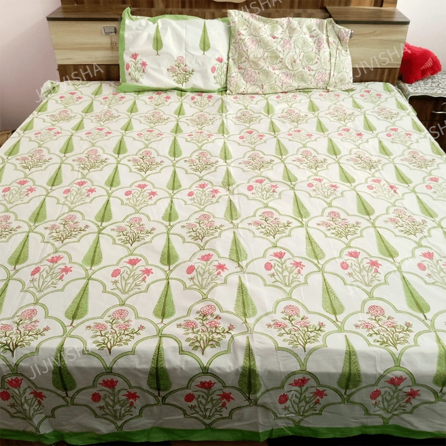 Buy White & Green Floral Hand Block Printed Bedsheet Set