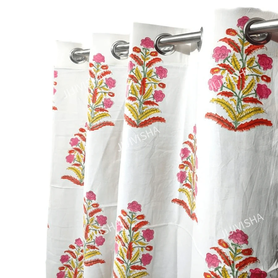 Buy Ivory & Pink Cotton Floral Hand Block Printed Curtains