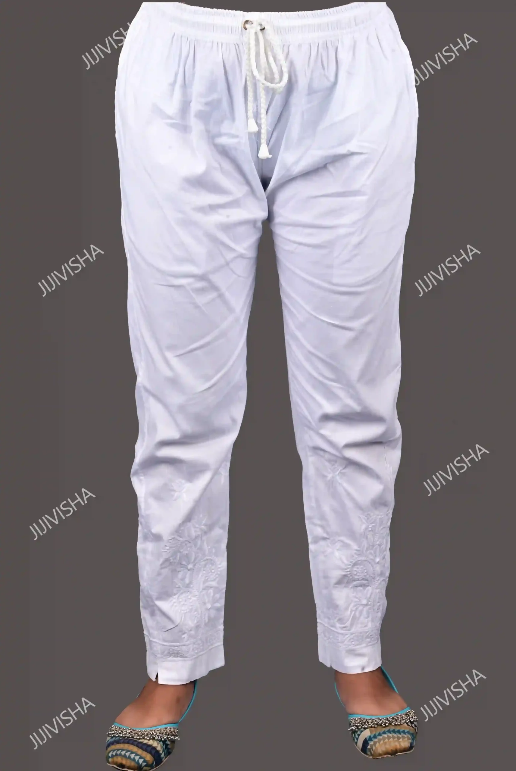 Buy White Cotton Chikankari Embroidery Pants Online