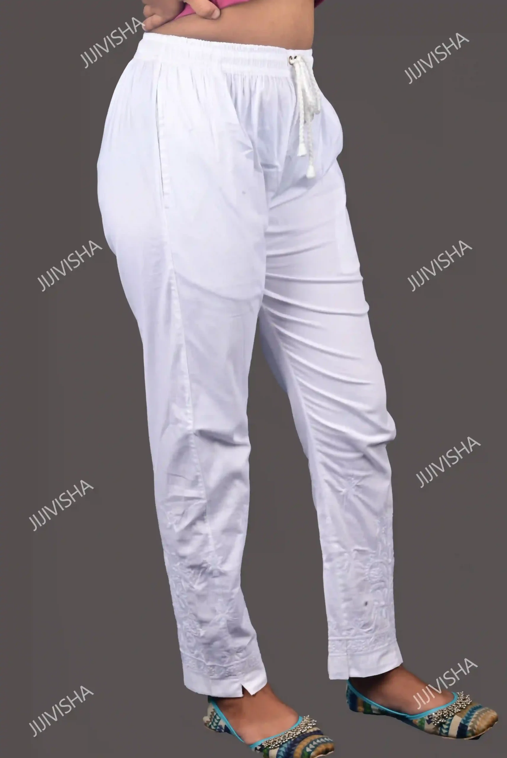 Buy White Cotton Chikankari Embroidery Pants Online