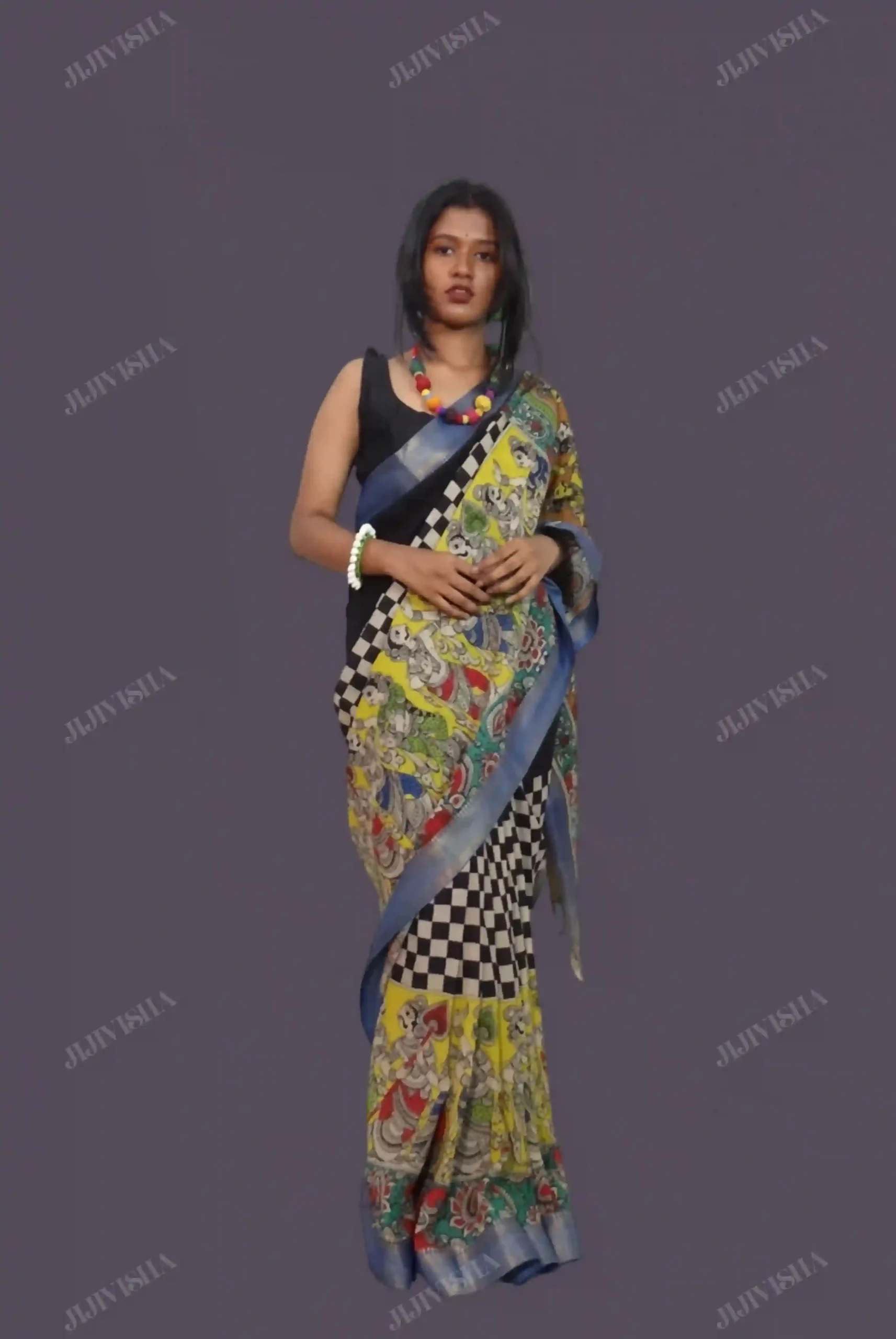 Buy Black Checkered Kalamkari Silk Saree Online