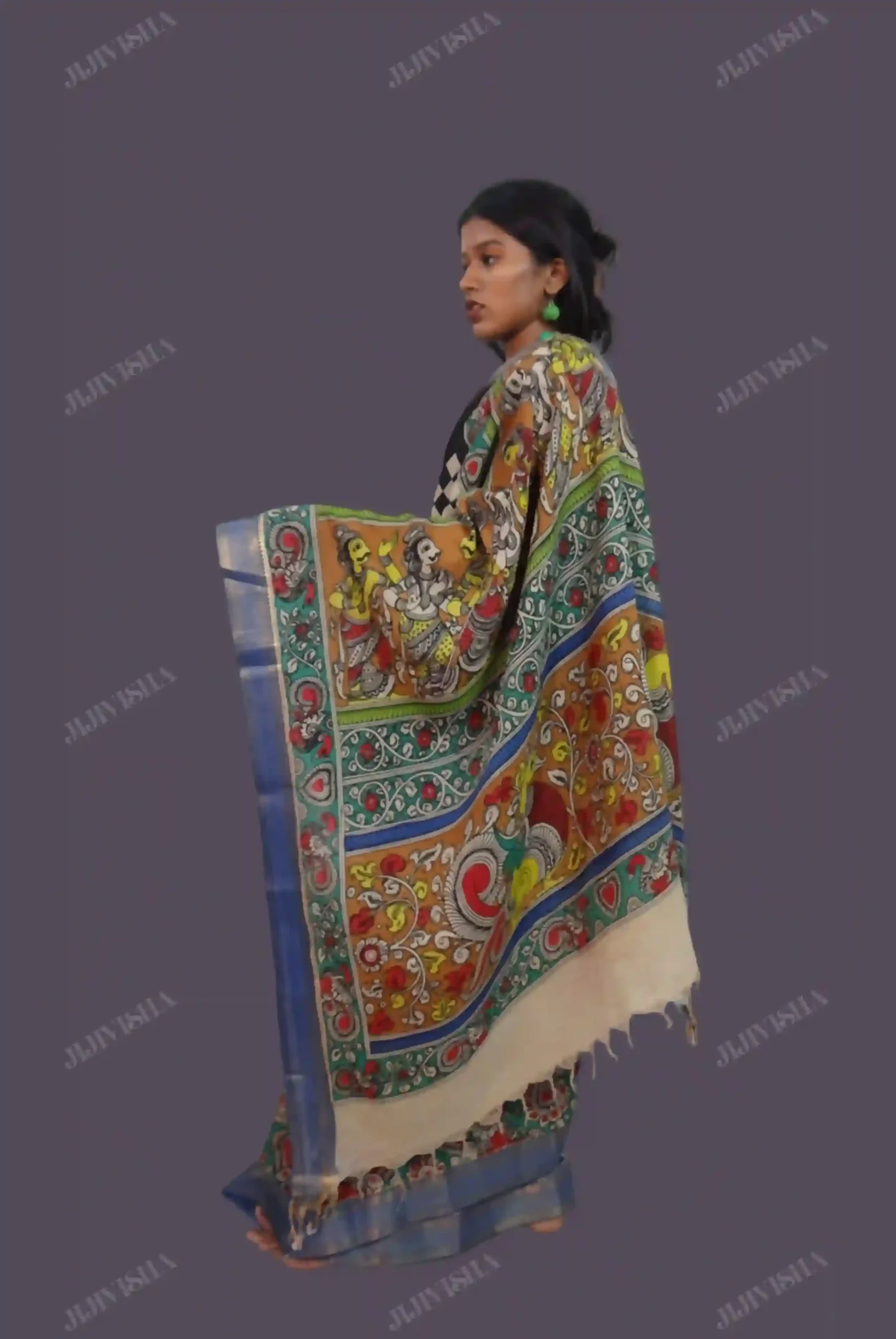 JVWSR007_3 Buy Black Checkered Kalamkari Silk Saree Online