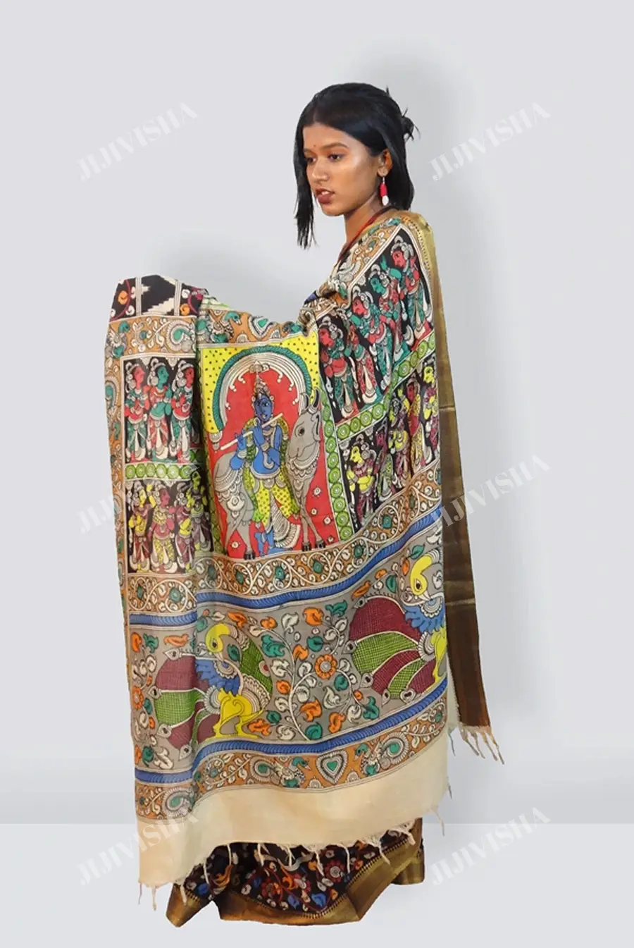 Buy Light Green Kalamkari Hand Painted Silk Saree Online