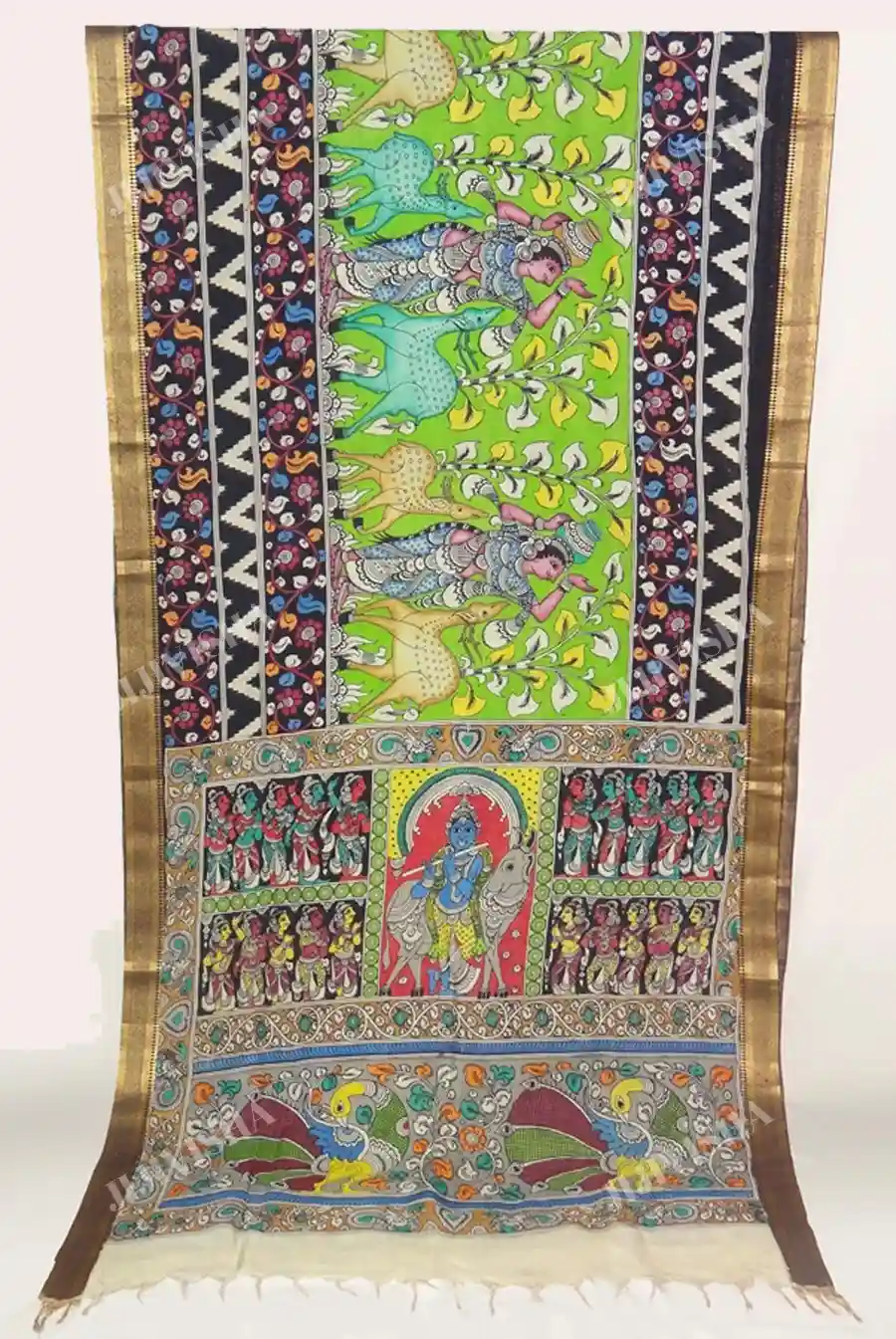 Buy Light Green Kalamkari Hand Painted Silk Saree Online