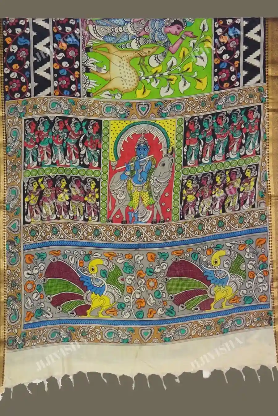Buy Light Green Kalamkari Hand Painted Silk Saree Online