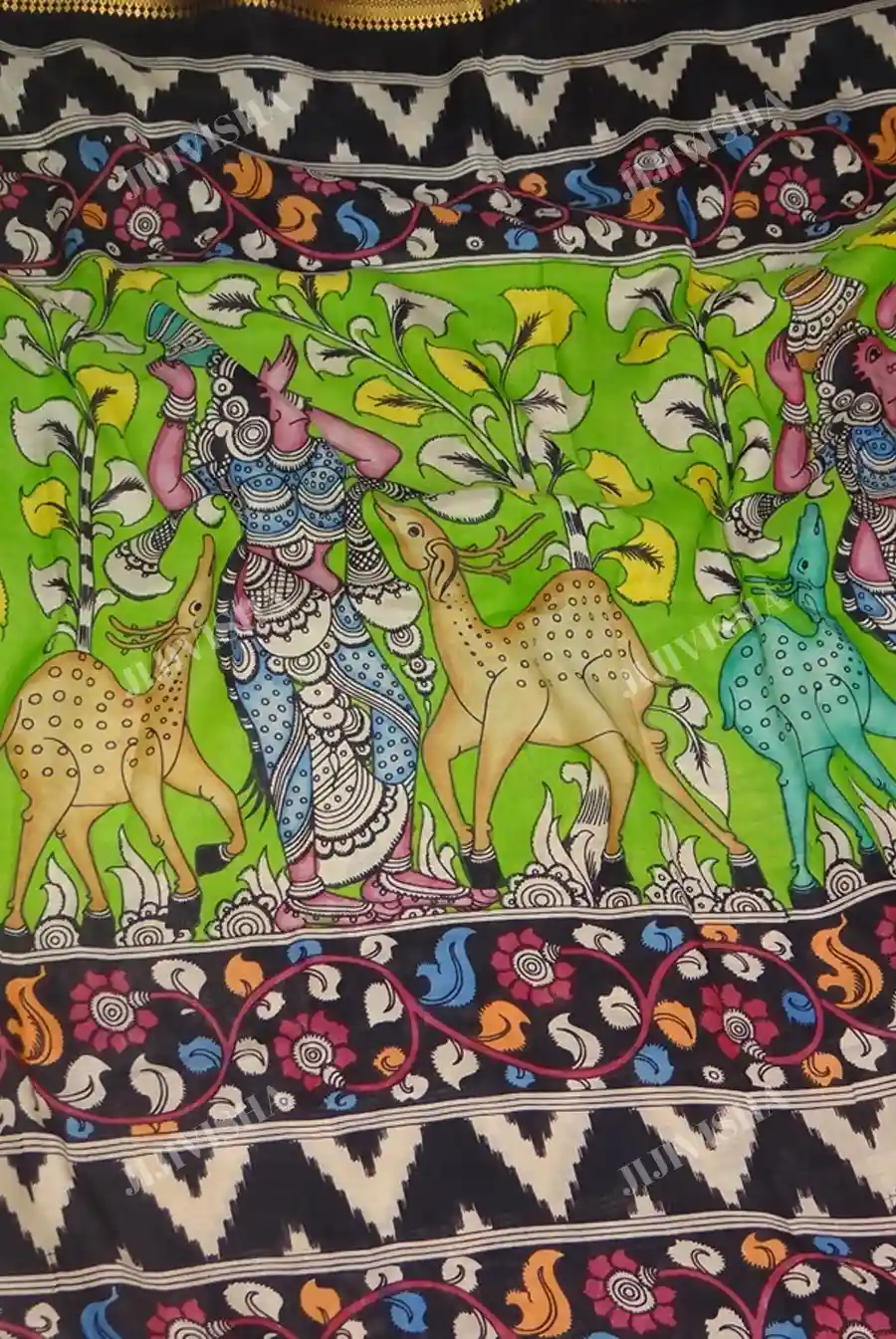 Buy Light Green Kalamkari Hand Painted Silk Saree Online