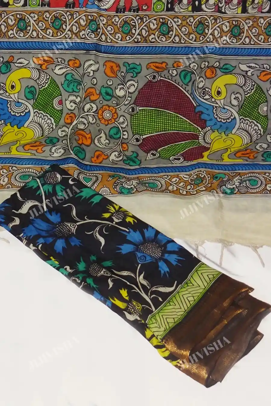 Buy Light Green Kalamkari Hand Painted Silk Saree Online