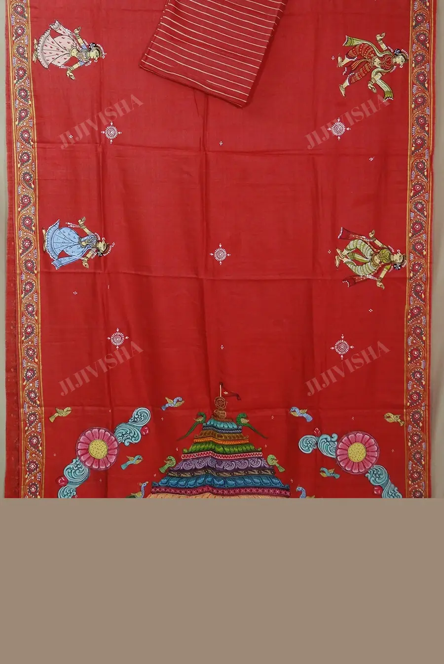 JVWSR042_6 Buy Lal Tussar Silk Pattachitra Hand Painted Saree Online
