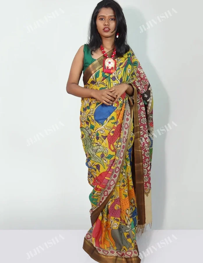 Buy Yellow Kalamkari Silk Saree Online
