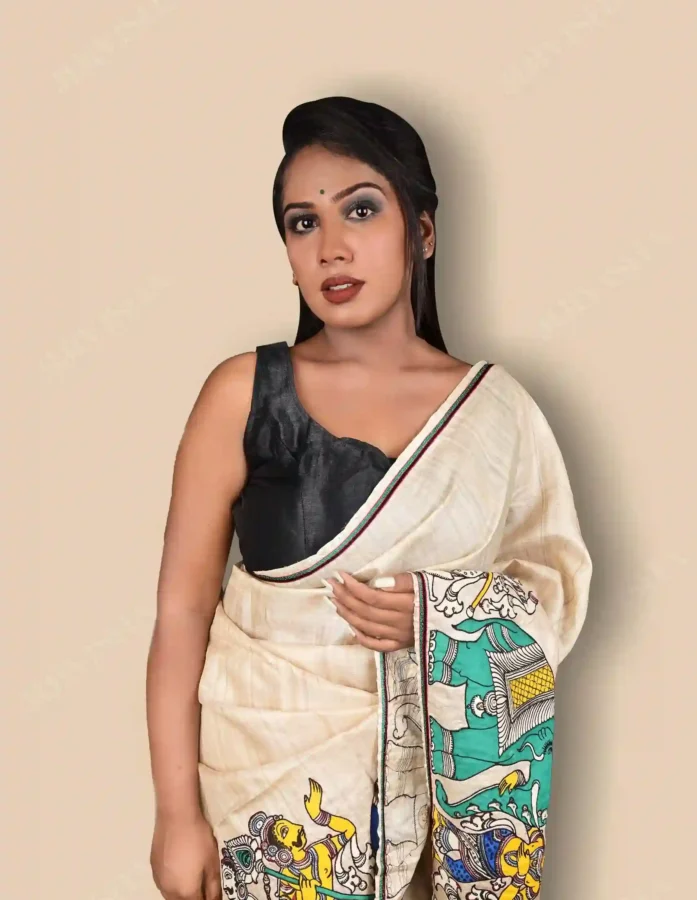 Buy Tussar Silk Saree With Kalamkari Border Online