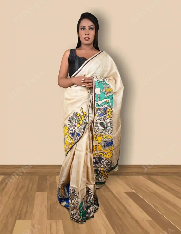 Buy Tussar Silk Saree With Kalamkari Border Online