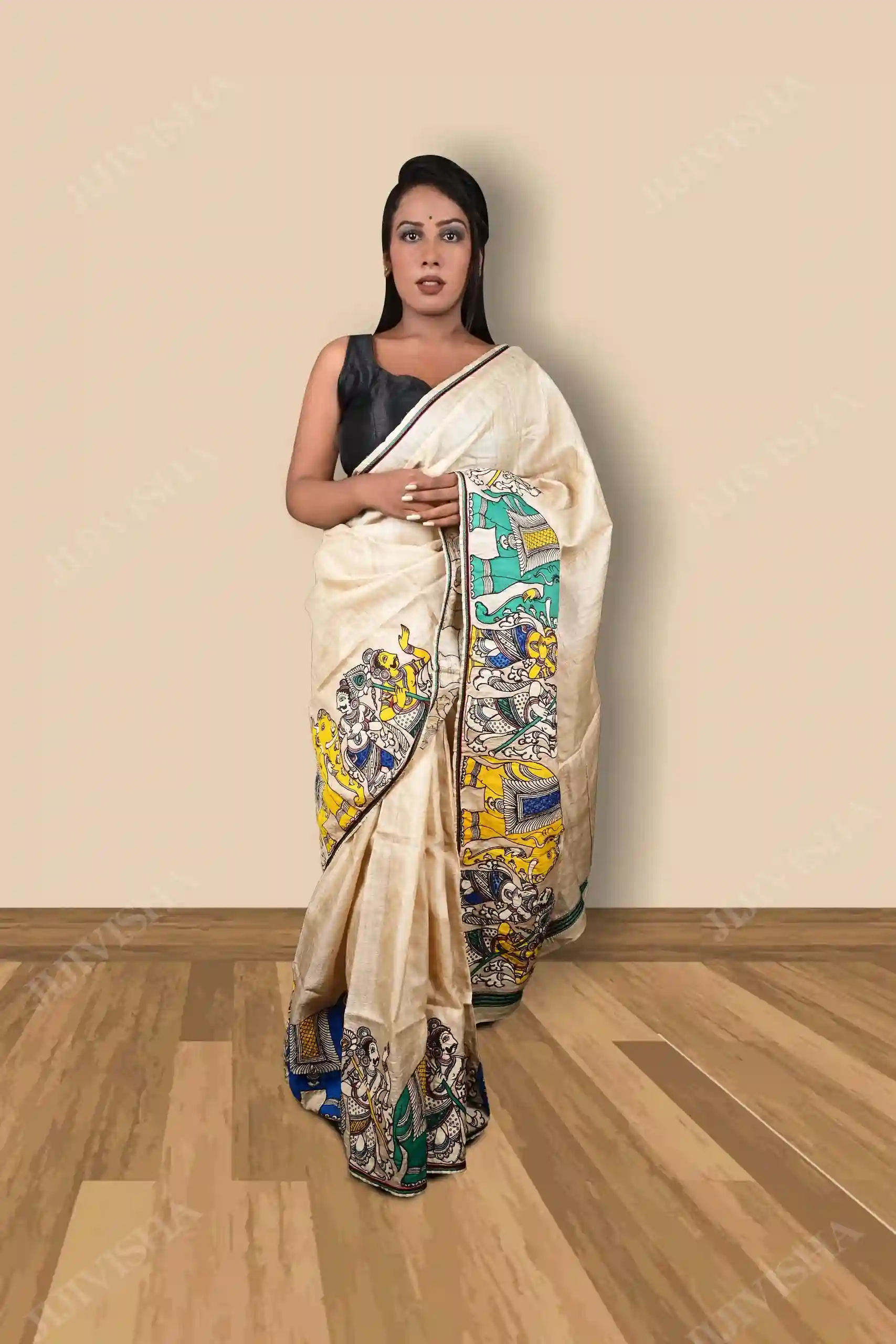 Buy Tussar Silk Saree With Kalamkari Border Online