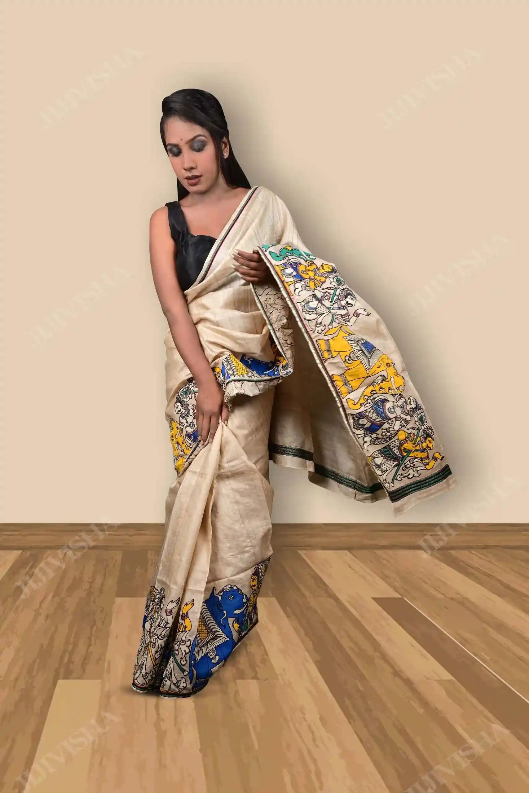 Buy Tussar Silk Saree With Kalamkari Border Online