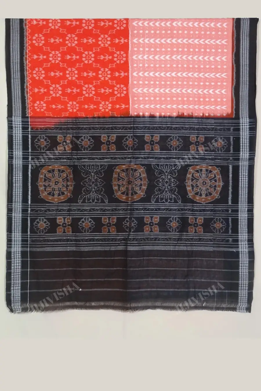 JVWSR056_3 Buy Sambalpuri Ikkat Bandha Pure Cotton Peach & Orange Saree Online
