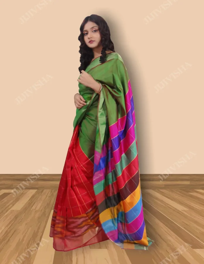 Buy Red & Green Katan Silk Ikkat Border Saree Online
