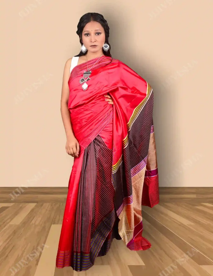 Buy Pure Silk Plain Saree with Kantha Style Weaving Online