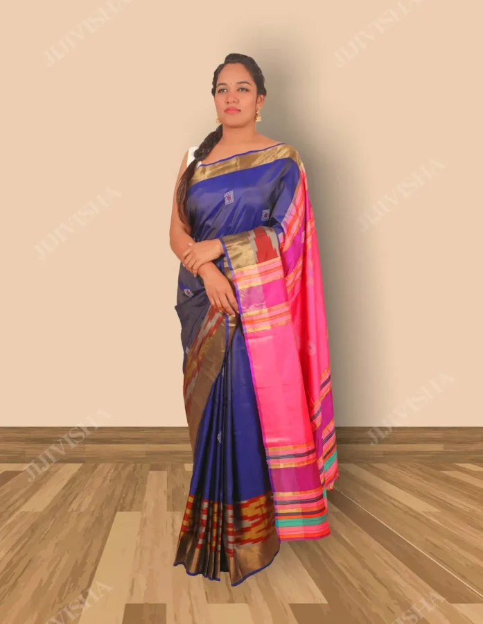 Buy Blue & Pink Bishnupuri Silk Saree Online