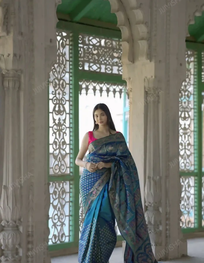 Buy Pure Katan Silk Blue Swarnachari Saree Online