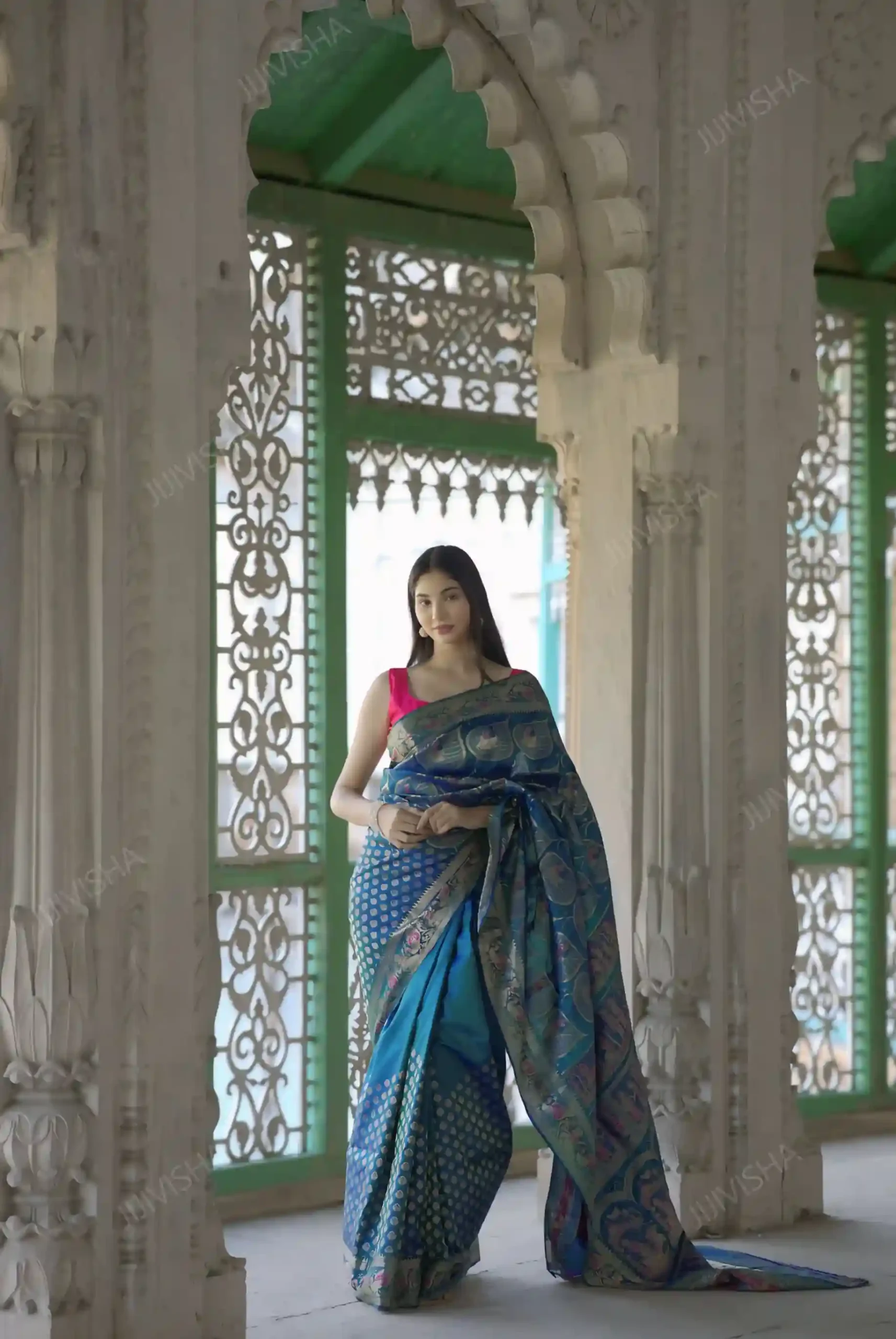 JVWSR080_4 Buy Pure Katan Silk Blue Swarnachari Saree Online