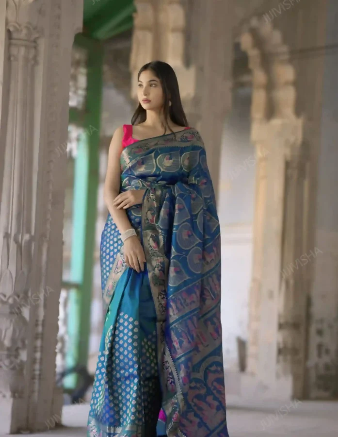 Buy Pure Katan Silk Blue Swarnachari Saree Online