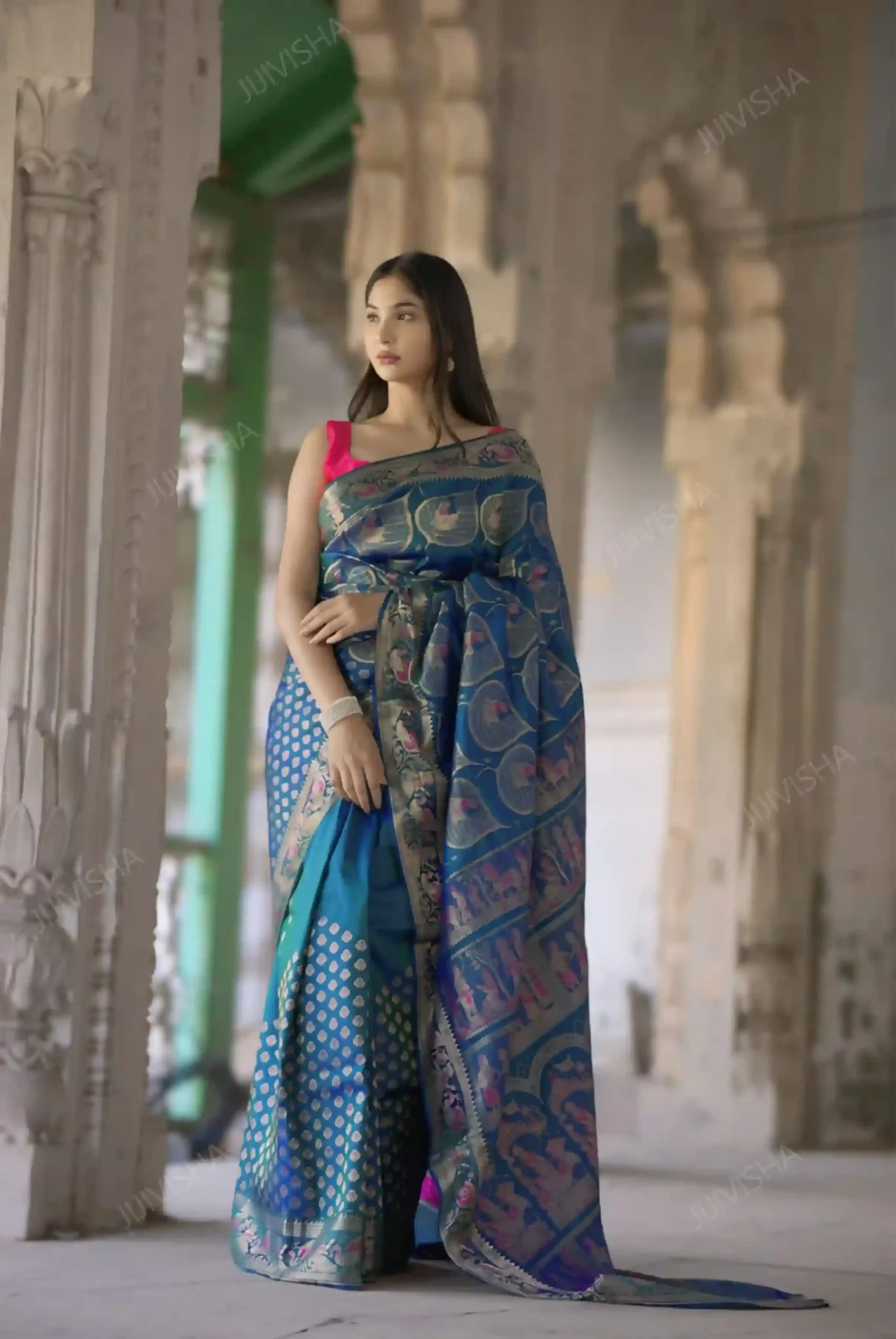 JVWSR080_5 Buy Pure Katan Silk Blue Swarnachari Saree Online