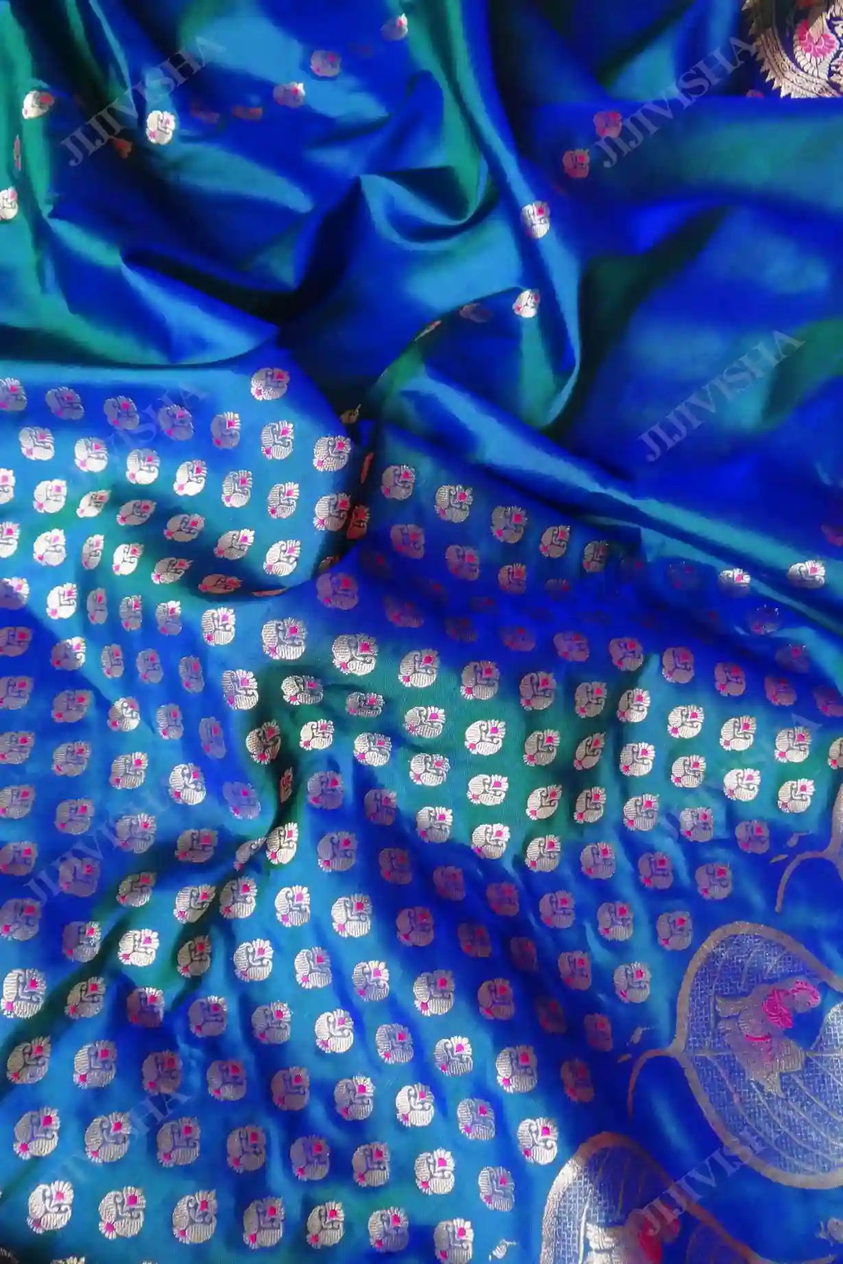 JVWSR080_7 2 Buy Pure Katan Silk Blue Swarnachari Saree Online