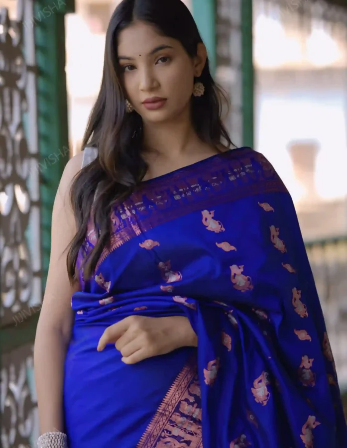 Buy Royal Blue Bishnupuri Swarnachari Pure Katan Silk Saree Online