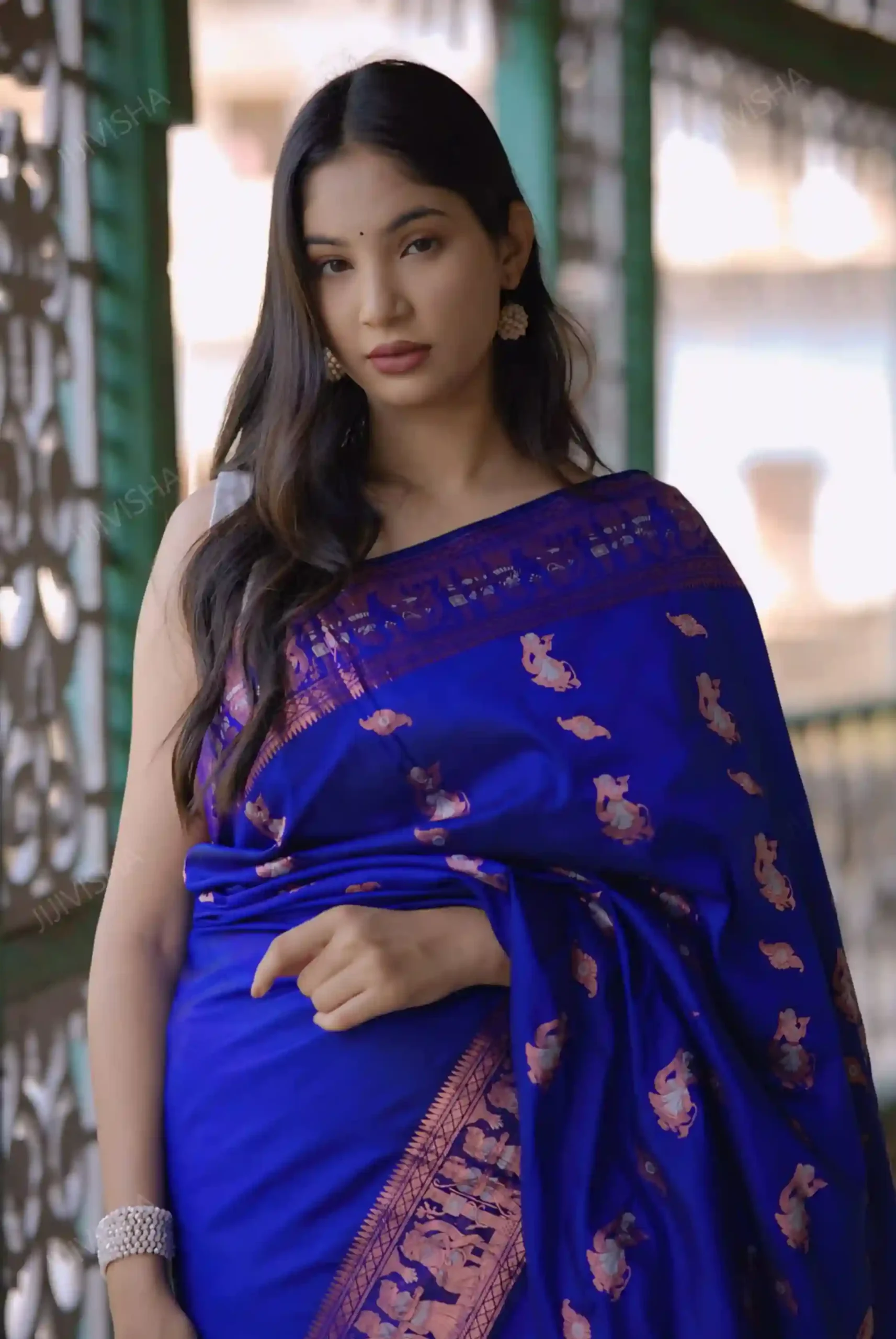 Buy Royal Blue Bishnupuri Swarnachari Pure Katan Silk Saree Online