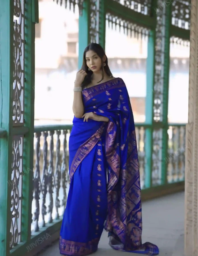 Buy Royal Blue Bishnupuri Swarnachari Pure Katan Silk Saree Online