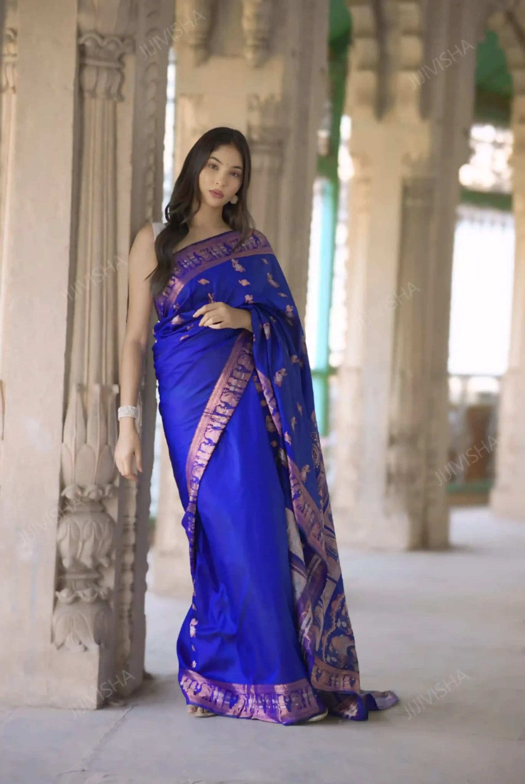 Buy Royal Blue Bishnupuri Swarnachari Pure Katan Silk Saree Online