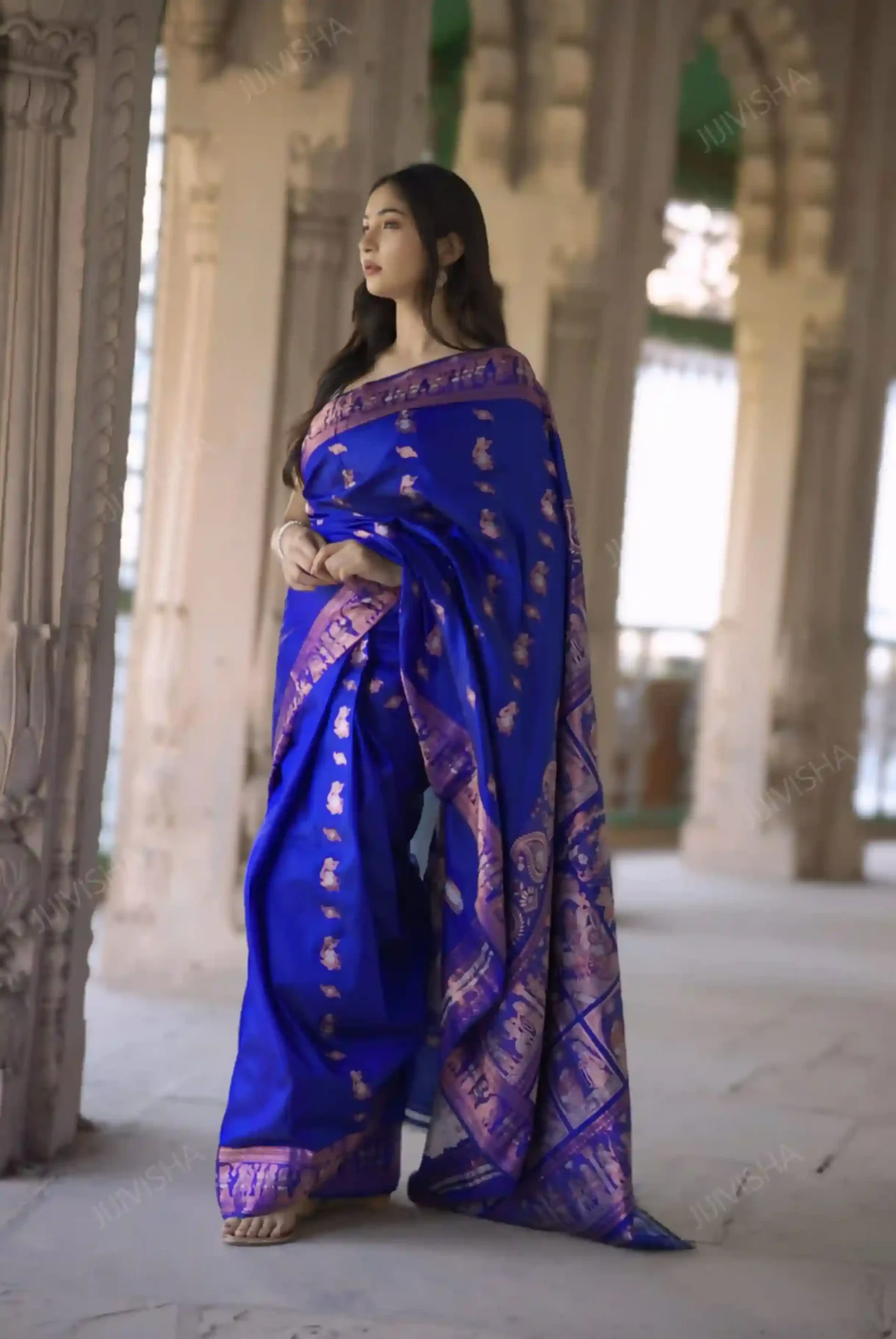 Buy Royal Blue Bishnupuri Swarnachari Pure Katan Silk Saree Online