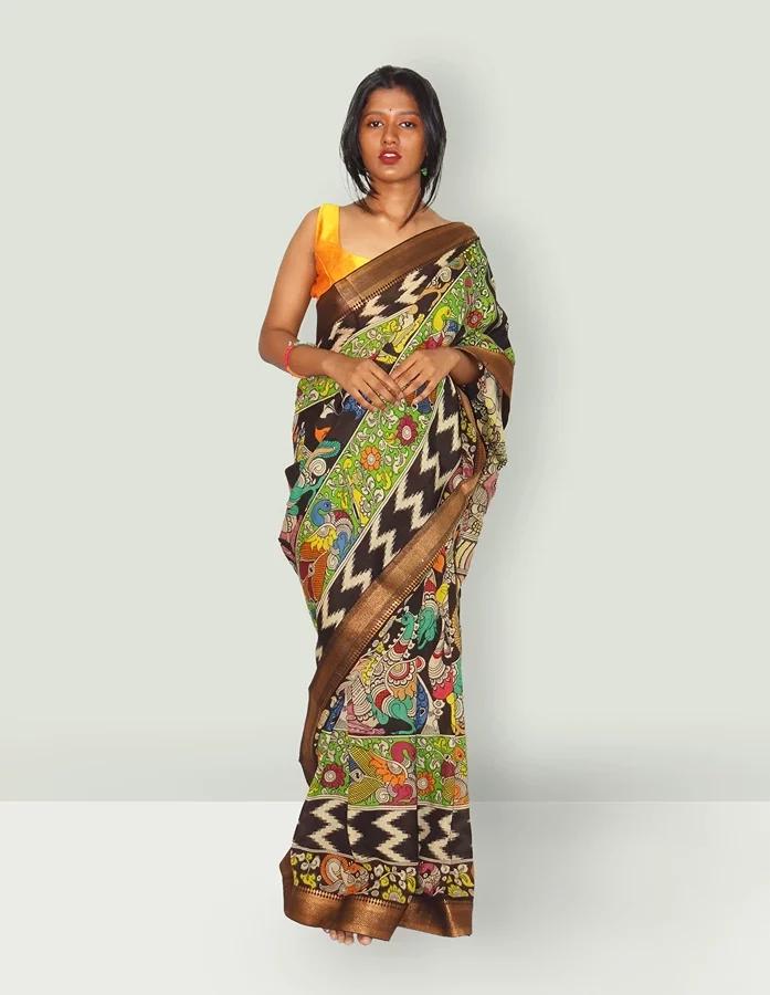 Black and Green coloured Kalamkari Silk Saree With Human Figures design