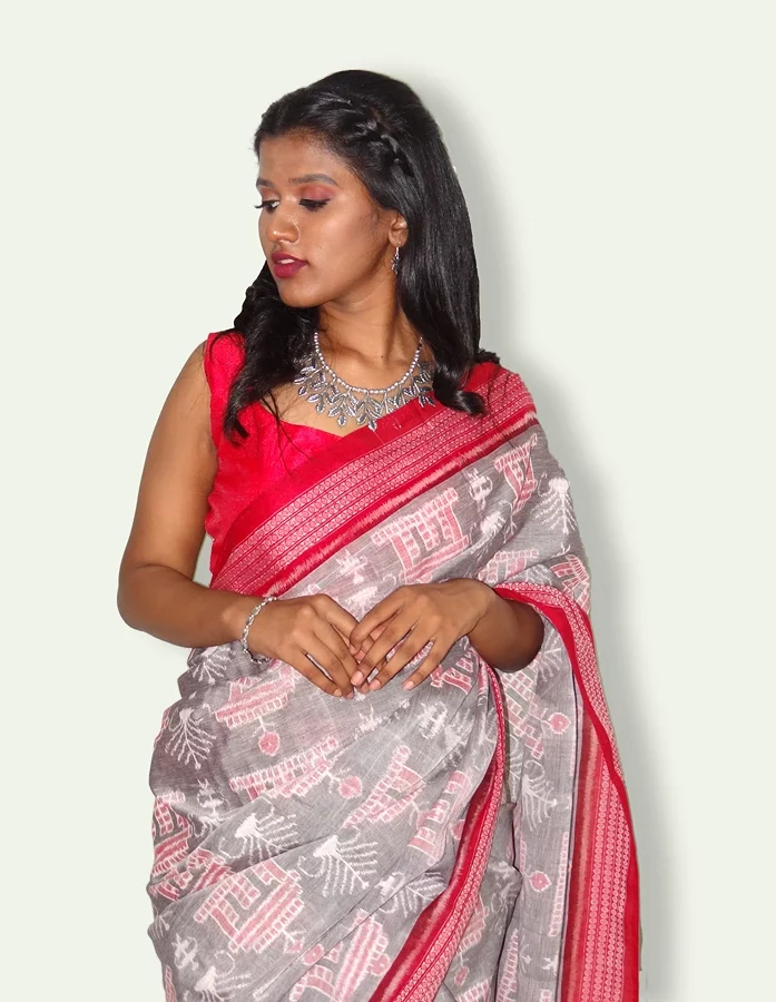 Red-Grey Coloured Pure Cotton Tribal Bandha Saree