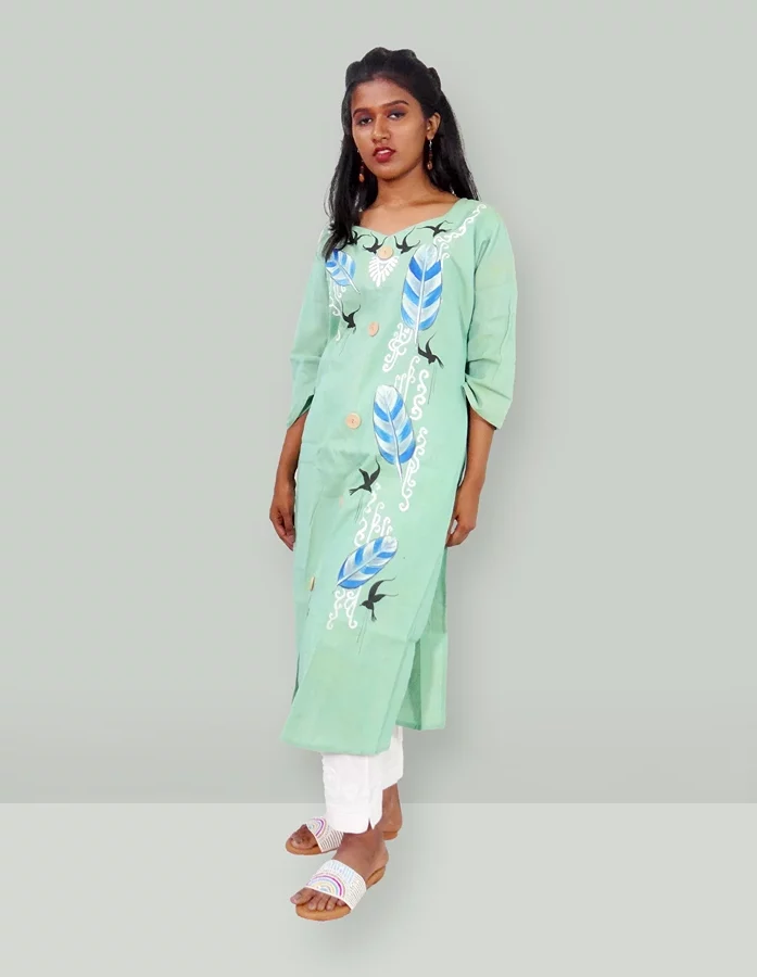Light Green Hand Painted Cotton Kurta