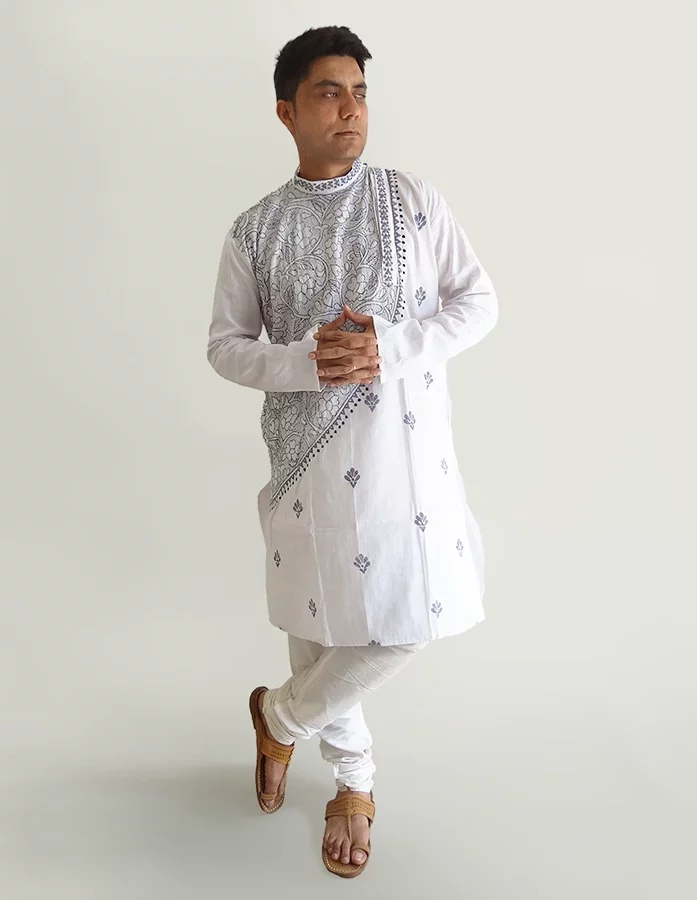 Ivory Kantha Hand Embroidered Cotton Kurta