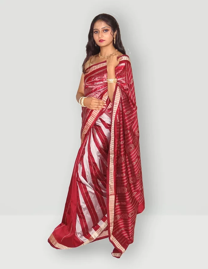 Red-White Coloured Sambalputi Silk Pata Bandha Saree