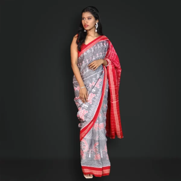 Red-Grey coloured pure cotton tribal bandha saree