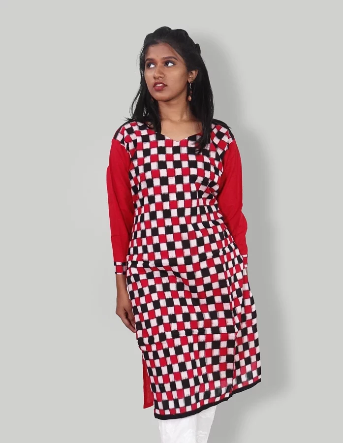 Red Checkered Handwoven Cotton Kurta