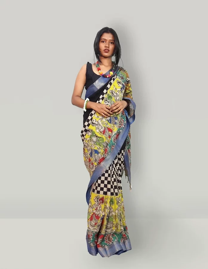 Black Kalamkari Silk Saree With Checkered Design