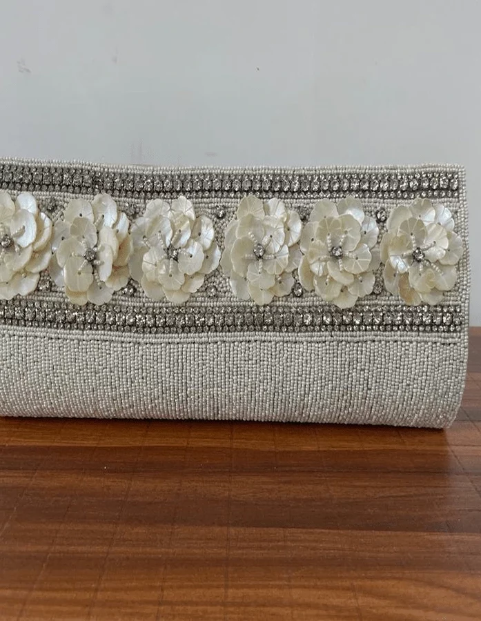 White Mother of Pearl Embellished Clutch