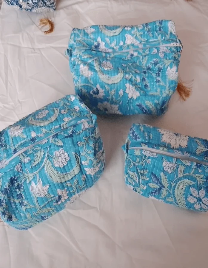Light Blue & Ivory Floral Hand Block Printed Pouch(Set of 3)